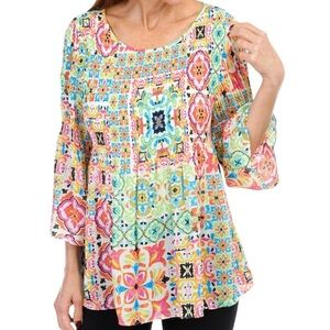 Ninety Clothing Co Womens Scoop Neck Blouse SZ 3X Multicolor Pattern Flowy NWT
